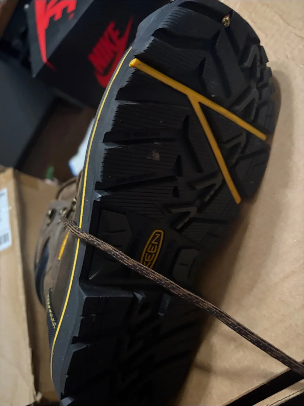 Keen Brown and Black Work Boot with Yellow Trim